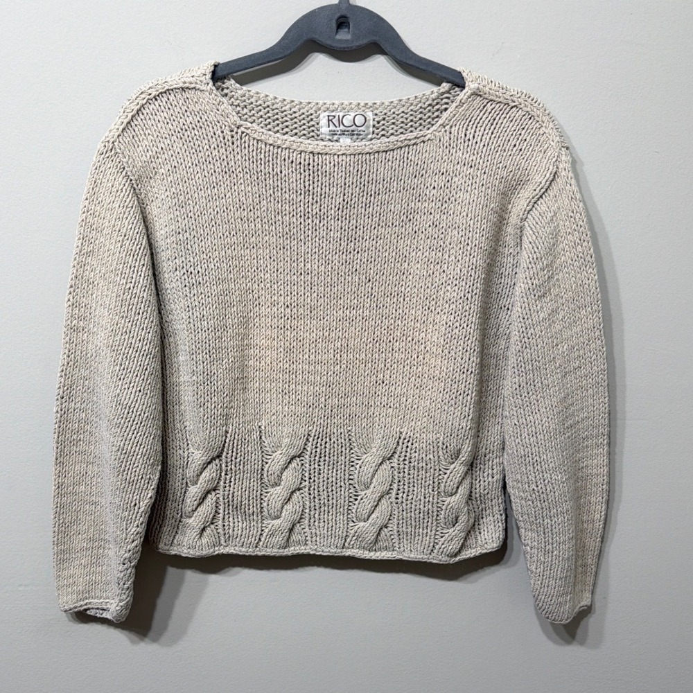 Rico Women S/M Oatmeal Beige 100% Cotton Chunky Cable Knit Boat Neck Sweater